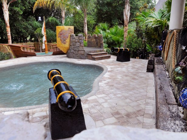 Pool With Toy Cannons, Pirate Ship and Stone Castle Play Area