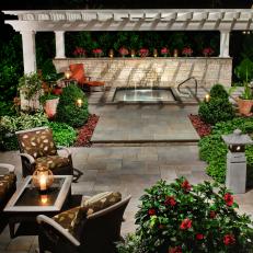 Contemporary Outdoor Seating Area and Pergola Covered Spa