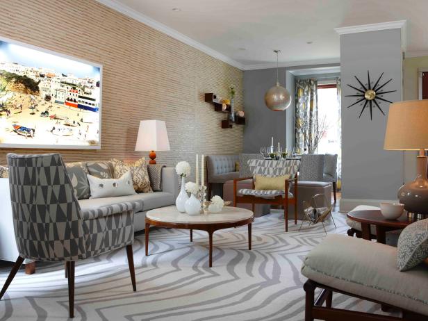 Living Room With Gray & White Rug, Chairs, Starburst Clock