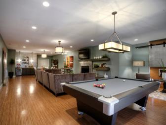 Contemporary Green Basement With Pool Table