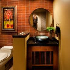 Red Tile Wall Adds Dimension to Contemporary Bathroom