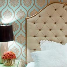 Contemporary Bedroom With Metallic Wallpaper and Velvet Tufted Headboard