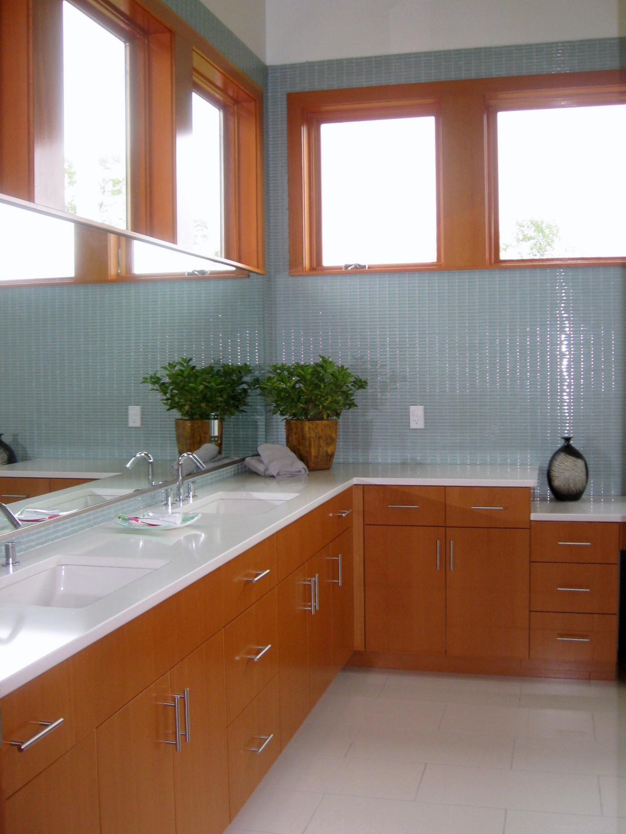 Modern Bathroom With Blue Gl Tile Walls And Woodgrain Cabinets Hgtv