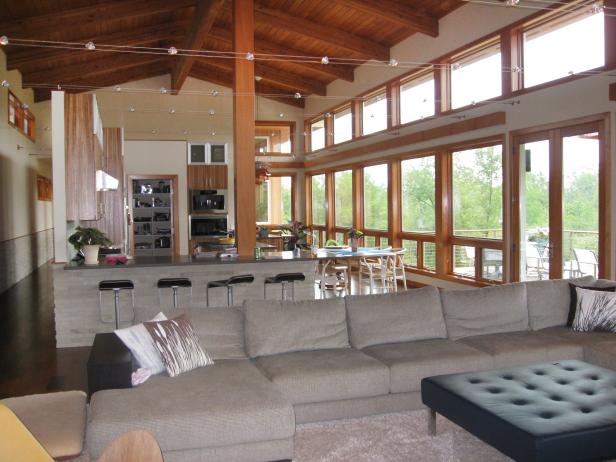 Open Concept Living Room With Vaulted Wood Ceiling Hgtv