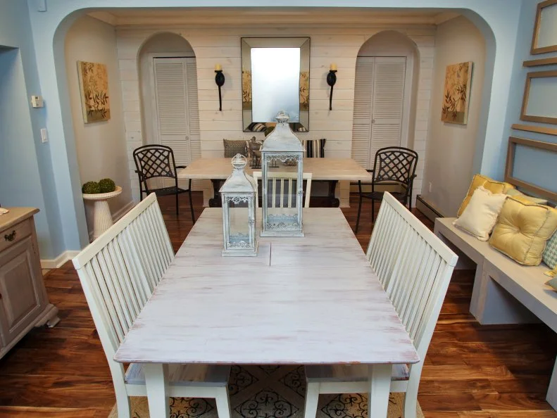 Eclectic Dining Room with multiple seating areas