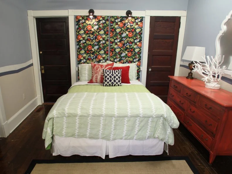 Neutral Bedroom With Distressed Dresser, Floral Panels, Two Doors
