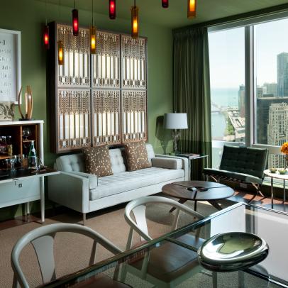 Contemporary Green and Blue Living Room With Urban View