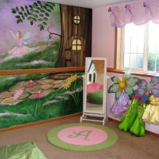 Fairy Garden Themed Girls' Playroom With Dress-Up Area