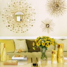 Contemporary, Gold Living Room With Sunburst Mirrors