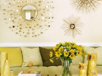 Contemporary, Gold Living Room With Sunburst Mirrors