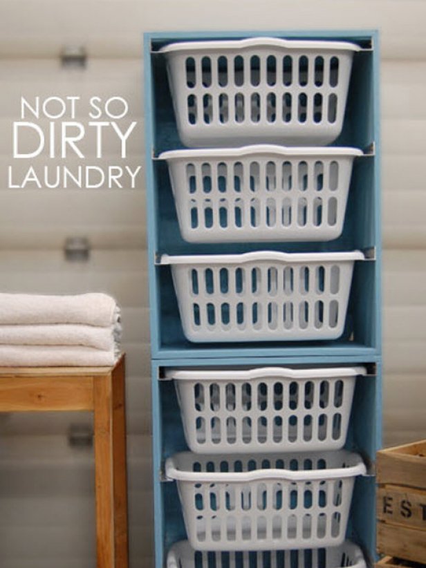 Laundry Room Storage Unit With Plastic Laundry Baskets 