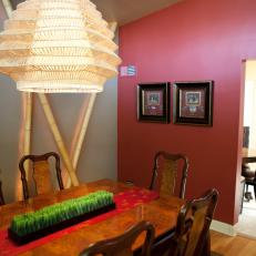 Asian Dining Room With Burgundy Accent Wall