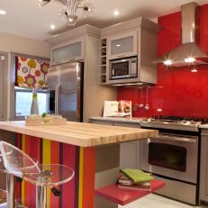 Eclectic Bold Kitchen With Red Glass Backsplash