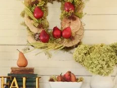 Rectangular fall wreath over side table
