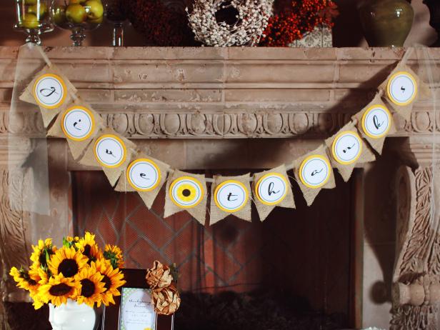 Dress up a mirror, mantel or entryway with this easy burlap banner. First, cut 11 pieces of burlap 6&quot; wide x 7&quot; tall, fold in half and cut away a triangle from the bottom of each panel (center point at approximately 1 3/4&quot; up from the bottom). Use a circle cutter to cut 11 5-inch circles out of yellow card stock. Attach the yellow circles to the burlap panels using hot glue. Attach the letter panels to the yellow circles using foam dots to add dimension. String the panels together with ribbon or tulle.