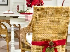 Wicker Dining Chair With Red Bow, Floral Sprig, Pine Cones and Berries