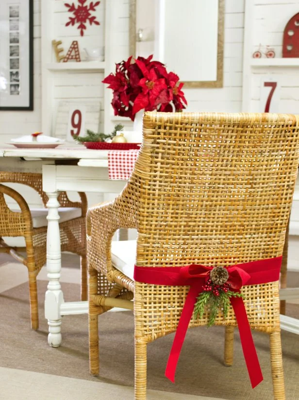 Wicker Dining Chair With Red Bow, Floral Sprig, Pine Cones and Berries