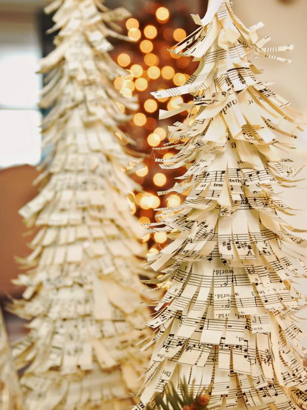 Made out of a foam base and sheet music cut into strips, these festive Christmas trees create stunning holiday decor.