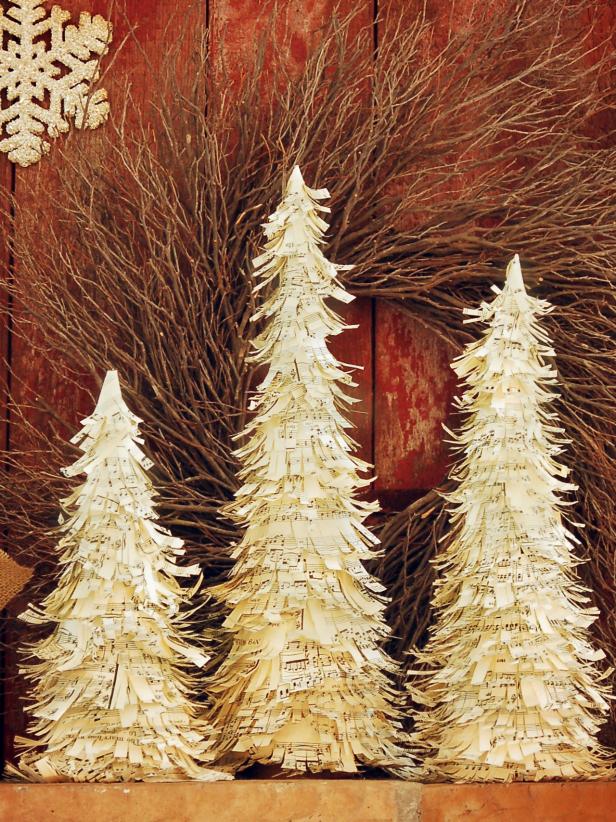 Three Christmas Trees Crafted From Fringed Sheet Music