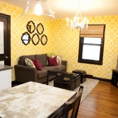 Bright Living Room With Yellow Wallpaper & Storage Ottomans