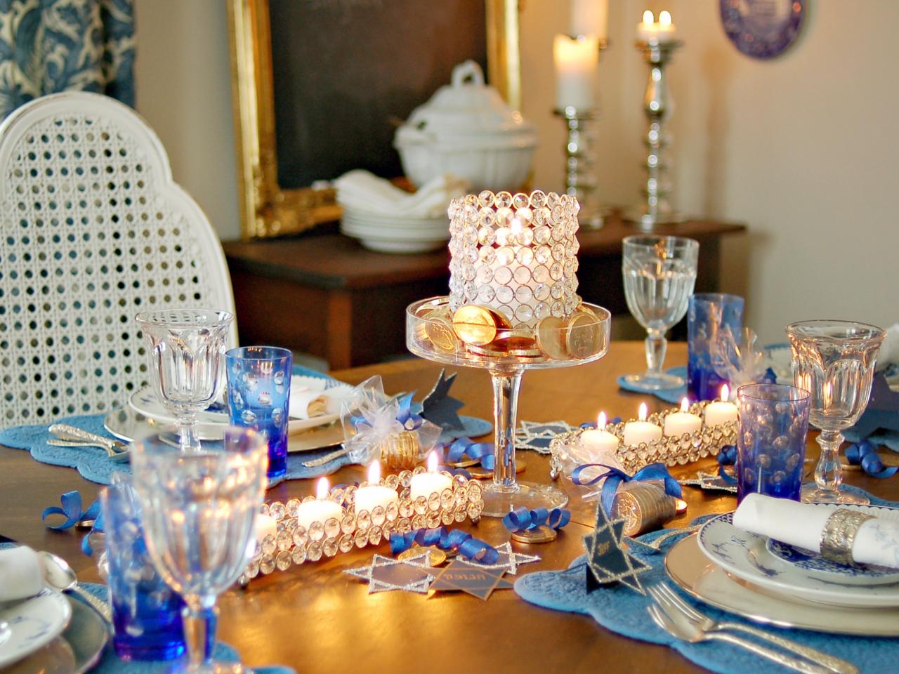 Dining Table Set With Blue Decorations For Hanukkah Hgtv