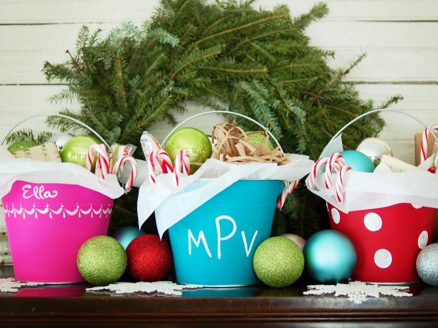 Christmas Stocking Pails With Candy Canes & Decorative Balls