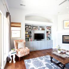 Transitional White Living Room With Built-In Storage