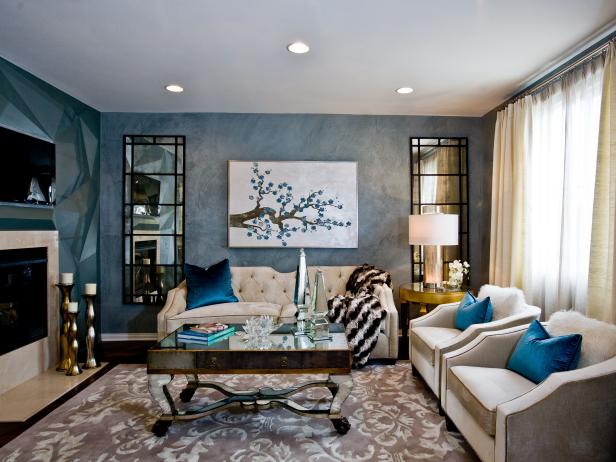 Blue Art Deco Living Room With Mirrored Coffee Table | HGTV