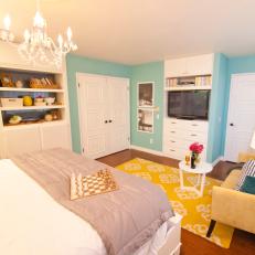 Blue and White Transitional Bedroom With Yellow Accents