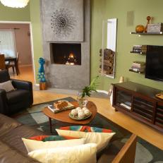 Funky Living Room With a Corner Fireplace