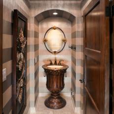 Grand Transitional Bathroom With Striped Walls