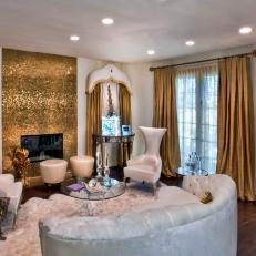 Living Room With Gold Mosaic Tile Fireplace