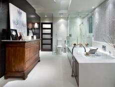 Bathroom With Antique Wood Dresser, White Bathtub, Glass Shower