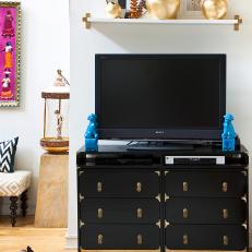 Eclectic Living Room With Black Media Console