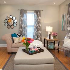 Transitional Neutral Living Room With Gray and Blue Accents