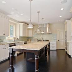 White Transitional Kitchen With Large Wood Island