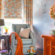 Orange And Gray Sitting Room With Floral Motif