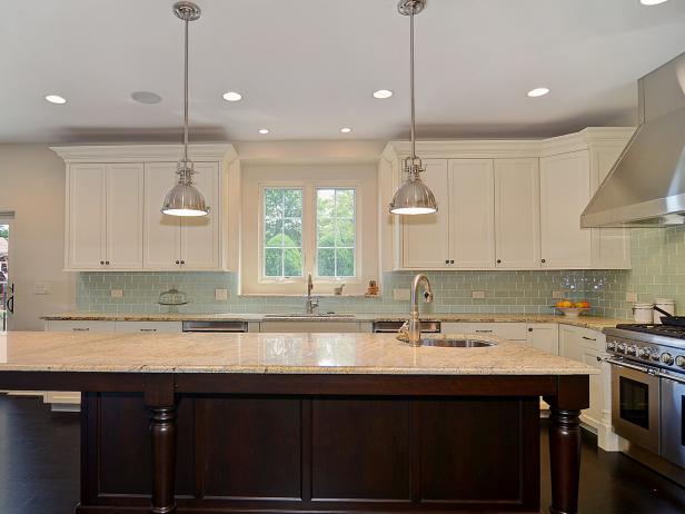 Kitchen With Pale Blue Glass Tile Backsplash | HGTV