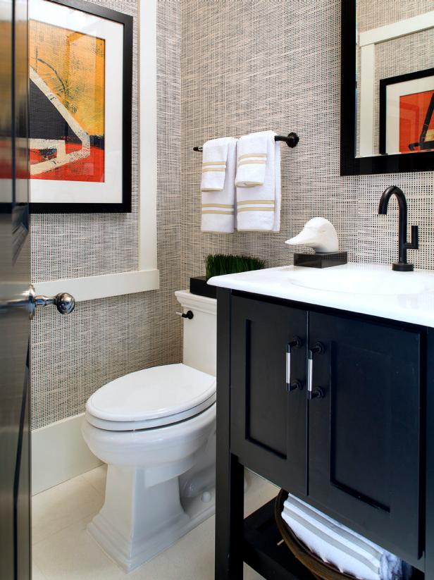 Neutral Bathroom with Grasscloth Wallpaper & Abstract Art