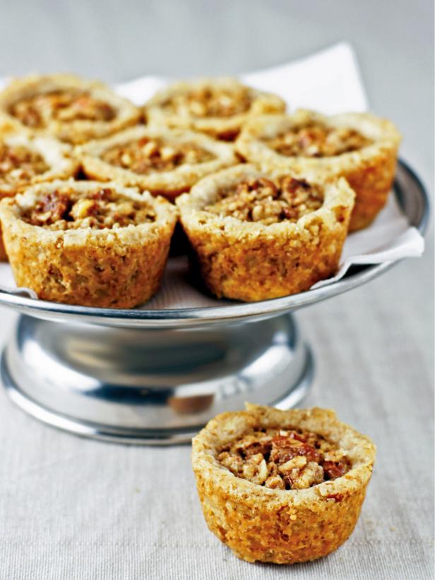 Small Pecan Pies on Silver Cake Stand