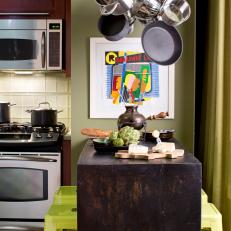 Green Kitchen With Wall-Mounted Reclaimed Wood Table