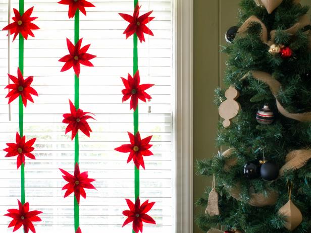 Vertical Hanging Red & Green Garland With Fabric Poinsettias