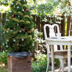 Outdoor Christmas Tree With Rustic Wine Crate Base