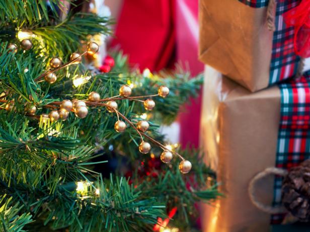 Gold Branches on Lighted Christmas Tree