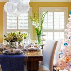 Yellow Dining Room With Paper Lantern Chandelier