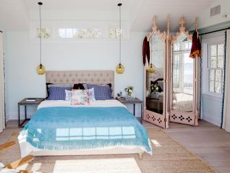 Eclectic White Bedroom with Mirrored Room Dividers and Pendant Lights