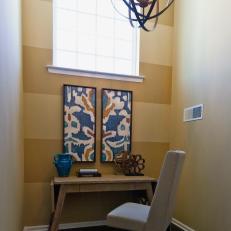 Office With Blue Accents and Iron Chandelier