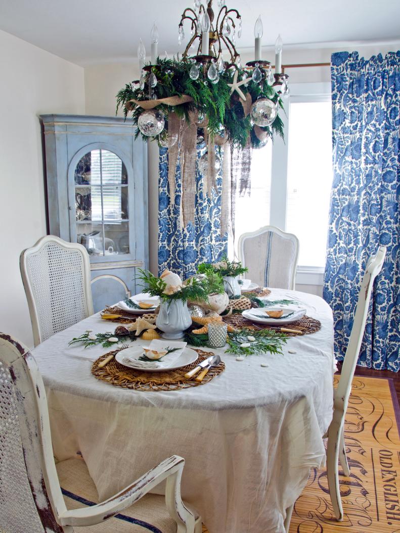Coastal Blue Dining Room With Seashell Table Decor