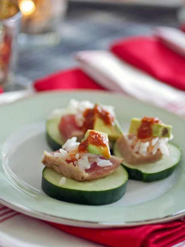 Cucumber slice topped with blackened tuna