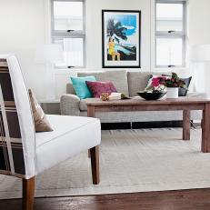 White Living Room With Rustic Wood Coffee Table